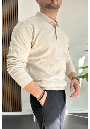Erkek Düğmeli Polo Yaka Kazak Bej Edw231 Bej