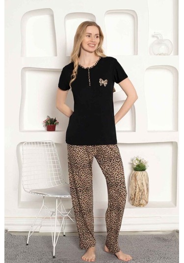 Monox Kadın Leopar Baskı Kısa Kol Uzun Alt Pijama Takımı Siyah