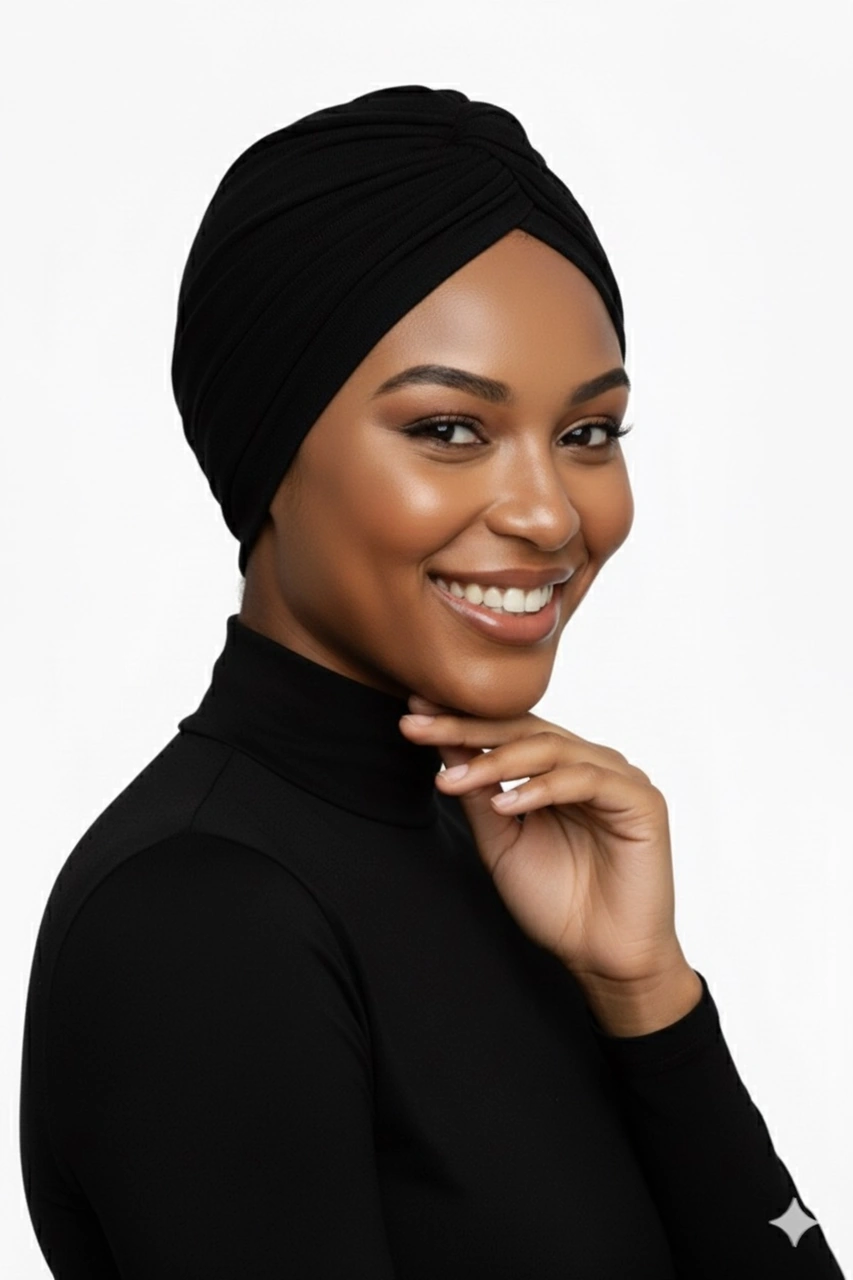 Pamuklu Bantlı Çapraz Astarlı Siyah Çizgi Desenli Hazır Türban Tesettür Havuz Bonesi Siyah-1