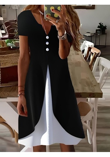 Kadın Kısa Kollu V Yakalı Önden Düğmeli Çift Renkli Viskon Elbise Siyah