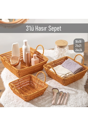 Porsima 303a 3lü Düzenleyici Kare Hasır Sepet Seti Ekmeklik Sepet
