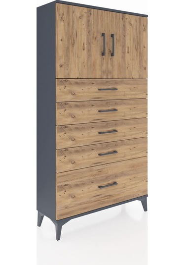 Arges Dolap 2 Raflı 5 Çekmeceli 2 Kapaklı 88x30x163 Antrasit-çam Antrasit