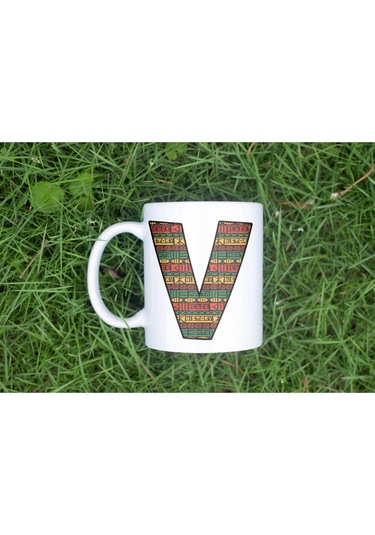 V Harfi Etnik Desenli Kupa - Afrika Tarzı Kahve Çay Kupası - Hediyelik - Black History Beyaz