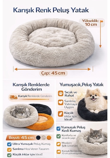 Kedi Köpek Simit Yatağı Karışık Renklerde 12 45 Cm
