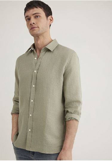 Mavi - Yeşil Keten Gömlek 0211466-71481 Yeşil