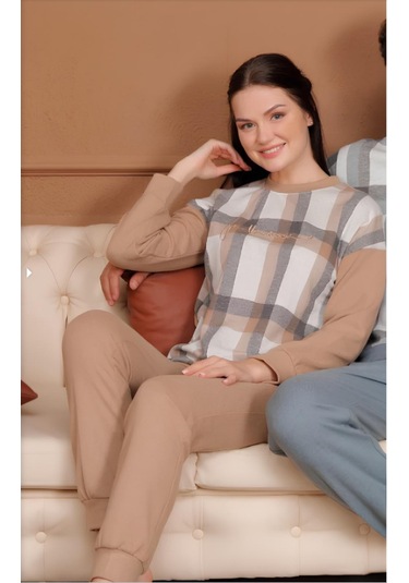 Bone Club 5524 Uzun Kol Kadın Pijama Takımı Bej