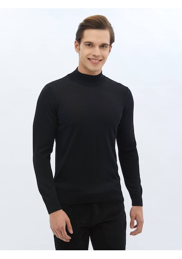 Siyah Yarım Balıkçı Yaka Düz Örgü Yün Karışımlı Triko 656011 Siyah