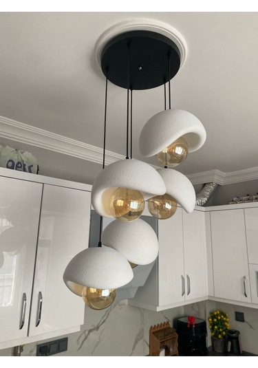 Modern 5'li Avize Beton Dokulu - Salon Ve Oturma Odası İçin Şık Tasarım Rustik Ampul Hediyeli Siyah