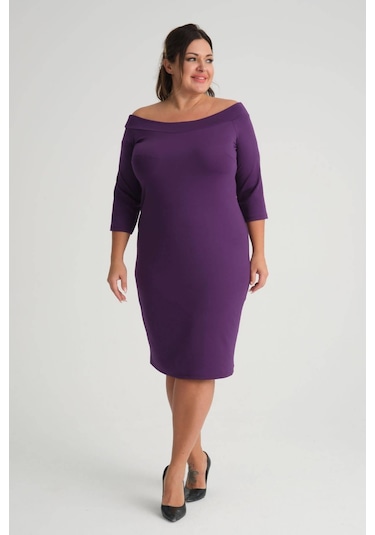 Kadın Mor Carmen Yaka Truvakar Kol Büyük Beden Esnek Krep Elbise-mor Mor