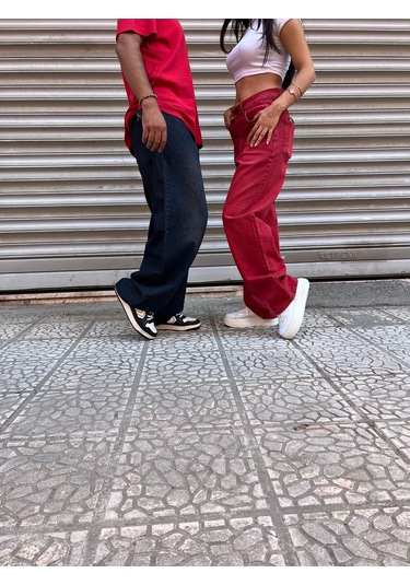 St.poll Vintage Eskitme Yıkama Unisex Baggy Jean Pantolon Vintage Kırmızı