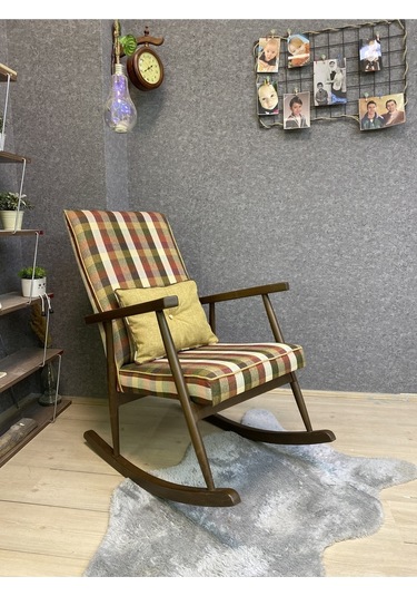 Asedia Trend Ceviz Ekose Hardal Sallanan Sandalye Dinlenme Koltuğu