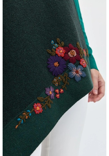 Desen Triko Kadın Çiçek İşlemeli Triko Şal 23154 Yeşil Yeşil