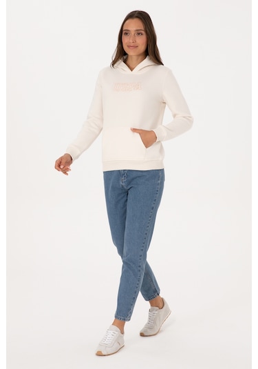 U.S. Polo Assn. Kadın Krem Şardonlu Kapüşonlu Basic Sweatshirt 50313566-VR071