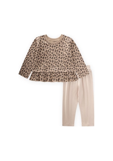 Desenli Uzun Kollu T-shırt Takım 1-8 Yaş Bej Bej