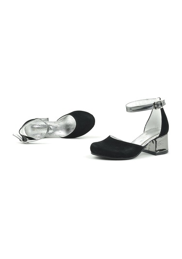 Siyah Platin Kalın Topuklu Kız Çocuk Topuklu Ayakkabı Siyah