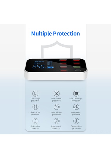 Jeemson A9s+ Araç Şarj Cihazı 8 Usb Portu Led Ekran Qc3.0 Hızlı Şarj Type-c Akıllı Akım Dağıtımı 40w Maksimum Güç