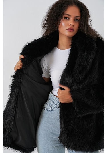 Kadın Kemerli Oversize Kürklü Kaban 9156 - Siyah Siyah