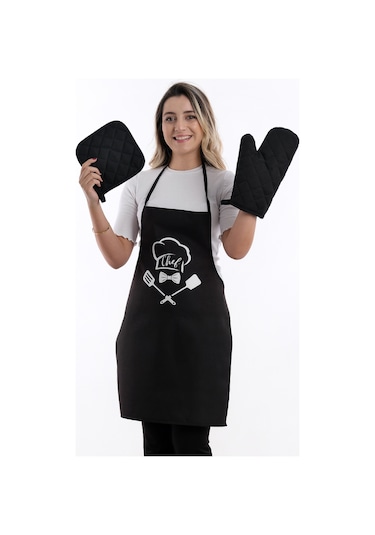 Beautiful Set Sıvı Geçirmez Su Geçirmez Mutfak Önlüğü 1 Eldiven 1 Tutacak Siyah2