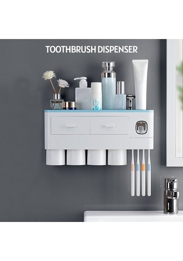 Novahub 3'lü Diş Fırçası Askısı, Saklama Çekmecesi & Duvar Montajlı Banyo Seti Beyaz Beyaz