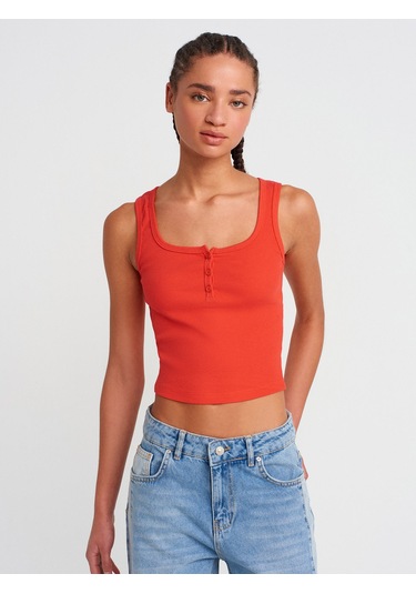 Dilvin 20983 Düğmeli Kare Yaka Top-Koyu Kırmızı