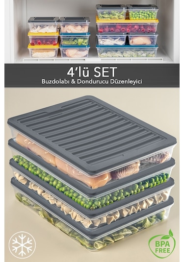 Meleni Home 4'lü Buzdolabı Organizer Mikrodalga Ve Difrize Uygun Saklama Kabı Antrasit 4 X 2400 Ml Çok Renkli