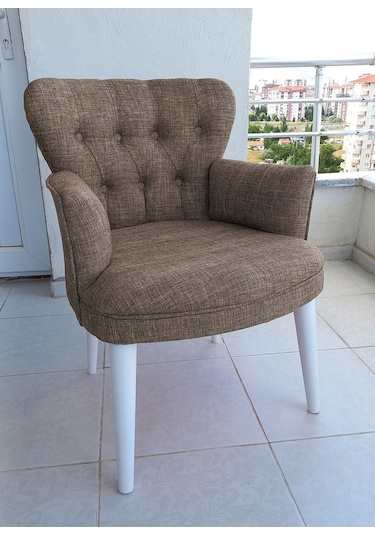 Kayser Home Berjer - Tekli Koltuk - Keten Kumaş - Ahşap Beyaz Ayak - Kahverengi Kahverengi