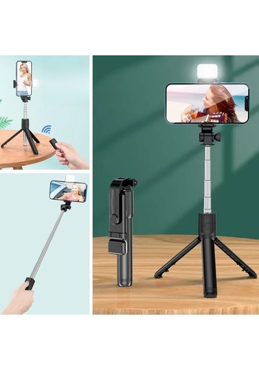 Buffer Kendiliğinden Işıklı Masaüstü Tripod Olabilen Telefon Tutuculu Kablosuz Kumandalı Selfie Çubuğu Çok Renkli