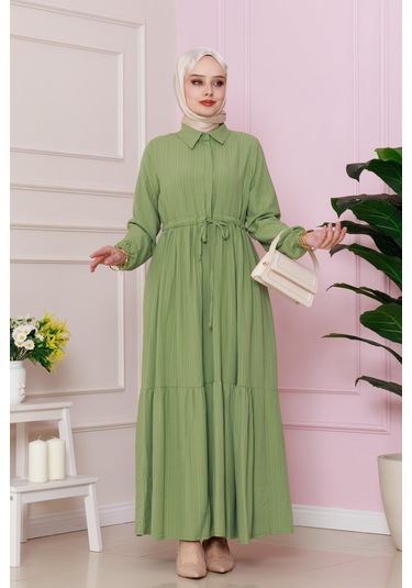 Gömlek Yaka Beli Tünelli Sare Elbise-fıstık Yeşili-4740 Fıstık Yeşili