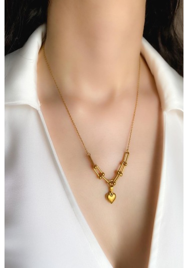 Kadın Çelik Kolye Tfany Klasik Mix Zincir Kalp Model Kolye Altın