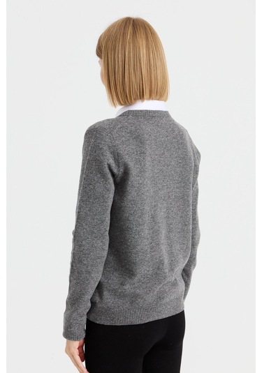 Desen Triko Kadın V Yaka Yün Hırka 21021 Füme