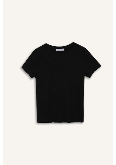 DeFacto Fitted Bisiklet Yaka Basic Düz Fitilli Kaşkorse Kısa Kollu Siyah Tişört K7064AZ25SMBK81