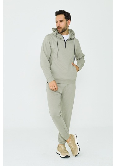 White Stone Açık Yeşil Kapüşonlu Yarım Fermuarlı Yandan Cepli Erkek Sweatshirt Khaık