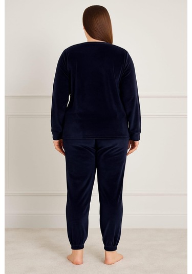 Kadın Büyük Beden 13212 Kadife Pijama Takımı Lacivert Lacivert