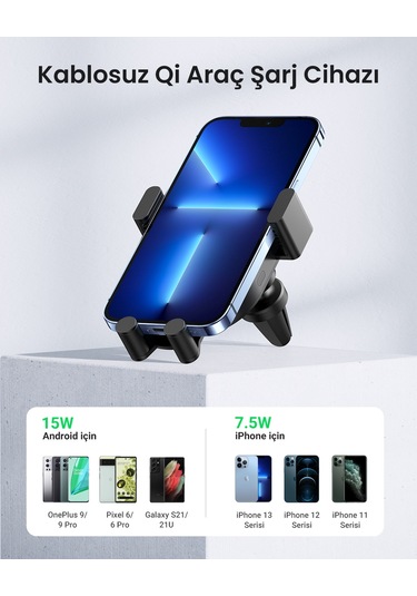 Ugreen Magsafe 15w Kablosuz Araç İçi Hızlı Şarj Cihazı, Otomatik Sensörlü Tutucu, Siyah, 40118