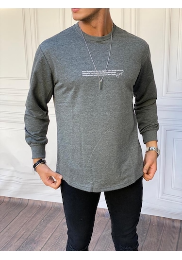 Modefendi Yarım Oversize Yazı Detaylı Sweat Füme