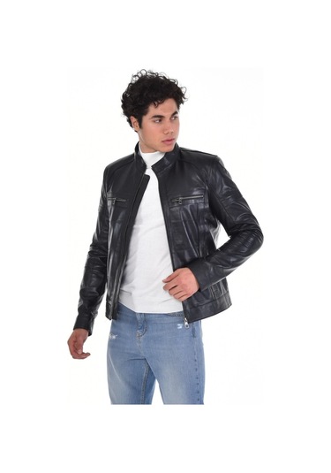 Hakiki Deri Siyah Erkek Deri Mont Hakim Yaka Üst Ve Yandan Fermuarlı Cep Detaylı Deri Ceket Siyah