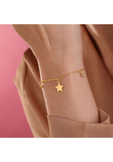 Queen Silver Jewelry 925 Ayar Gümüş Yıldız Objeli Zirkon Taş Sallantılı Bileklik Altın