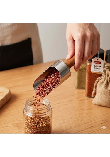 Ahşap Saplı Çelik Şık Baharat Kaşığı Küreği Bakliyat Küreği Baharat Küreği