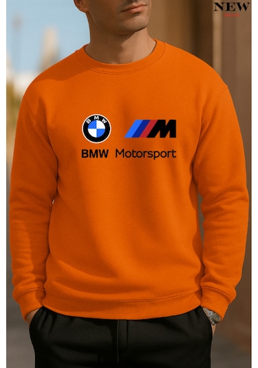 Baskılı Bisiklet Yaka Sweatshirt Turuncu