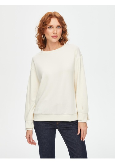 Relax Kolu Kontrast Garnili Modallı Sweatshirt 69757 U6975773 Ekru