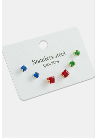 6 Adet Kare Renkli Zirkon Tek Taşlı Çelik Küpe 0398 Altın