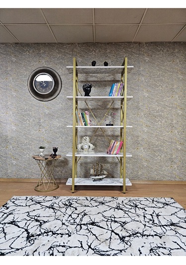 Çıkıntılı Gold Boyalı Kitaplık - 5 Raflı Suntalem Lüks Kitaplık B Çok Renkli