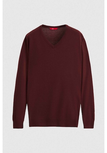 D's Damat Ds Damat Regular Fit Bordo Düz V Yaka Triko Kazak 5HF06ORT12003 Bordo