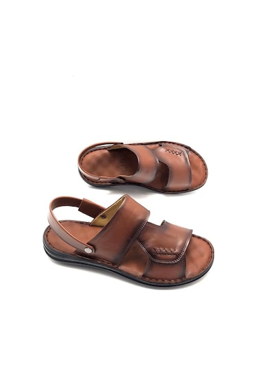Umut Hakiki Deri Hafif Tam Ortopedik Taba Masajlı Erkek Sandalet Taba