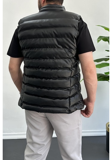 Erkek Slim Fit Fermuarlı Suni Deri Yelek Siyah Edw088-siyah