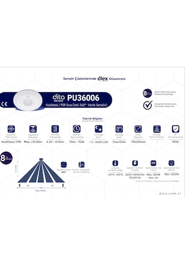 Dita Pu36006 Kızılötesi / Pır Sıva Üstü 360 Varlık Sensörü