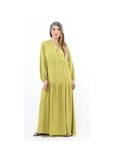 Prive Kadın Base %100 Viskon Yağ Yeşili Maksi Boy Yazlık Elbise Yağ Yeşili