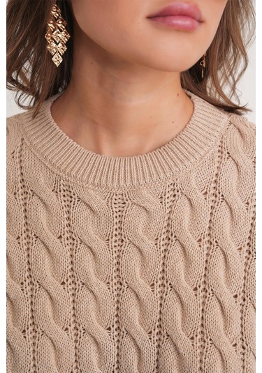 6863 Kadın Saç Örgülü Crop Triko Kazak Vizon Vizon