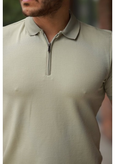 Erkek Fermuarlı Yaka Kısa Kollu Tişört Yeşil