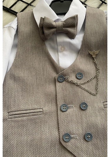 Zincir Detay Çift Düğmeli Erkek Çocuk Takım Elbise Gri Gri